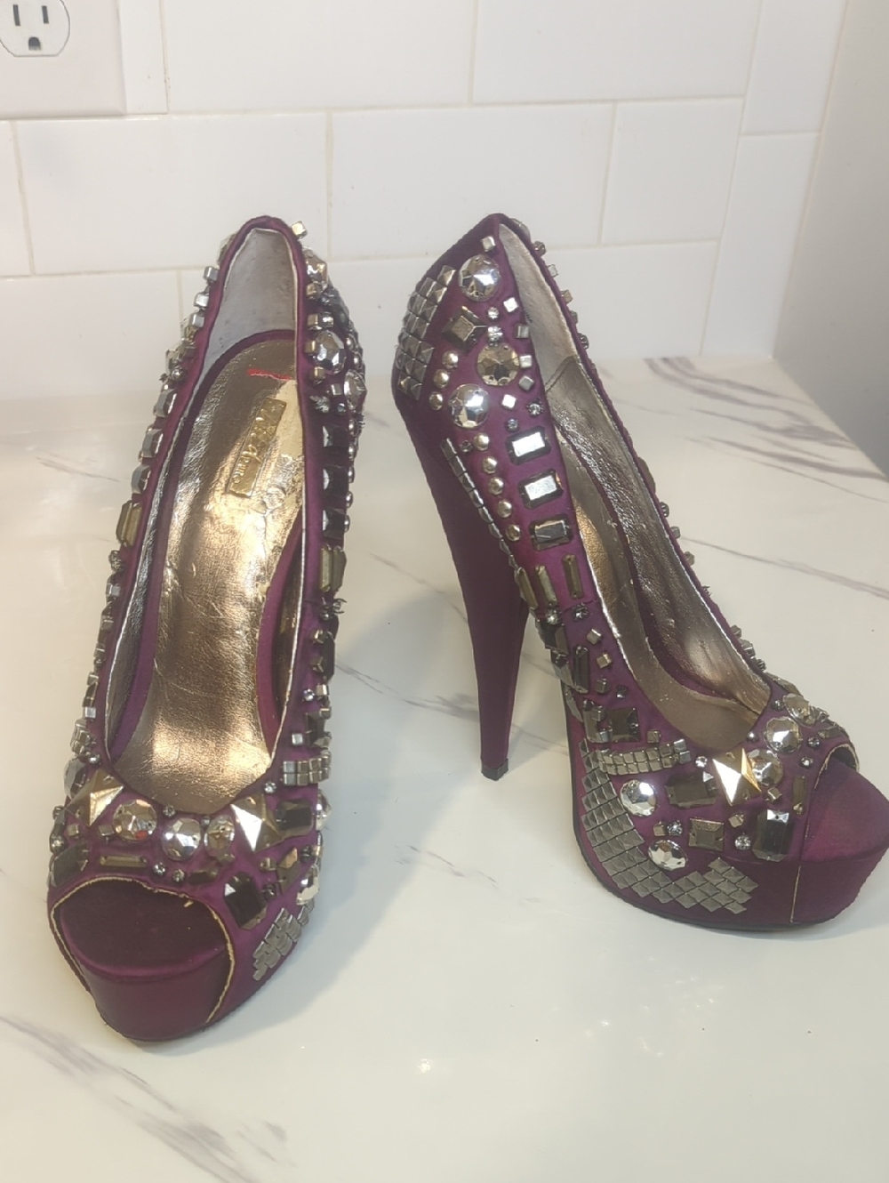 9.5M Wild Pair Purple Jeweled Peep-Toe Stiletto Heels